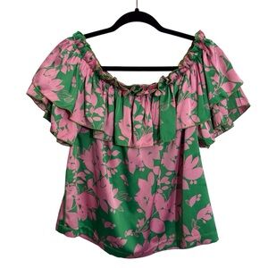Umgee Size Medium Pink Green Floral Off The Shoulder Blouse Boho Top Festival